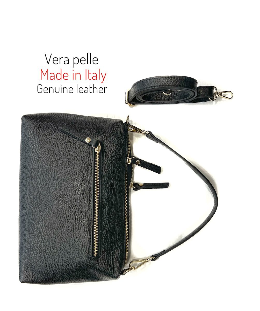 Borsa baguette da donna Nives in vera pelle Made in Italy con manico corto e tracolla lunga regolabile.