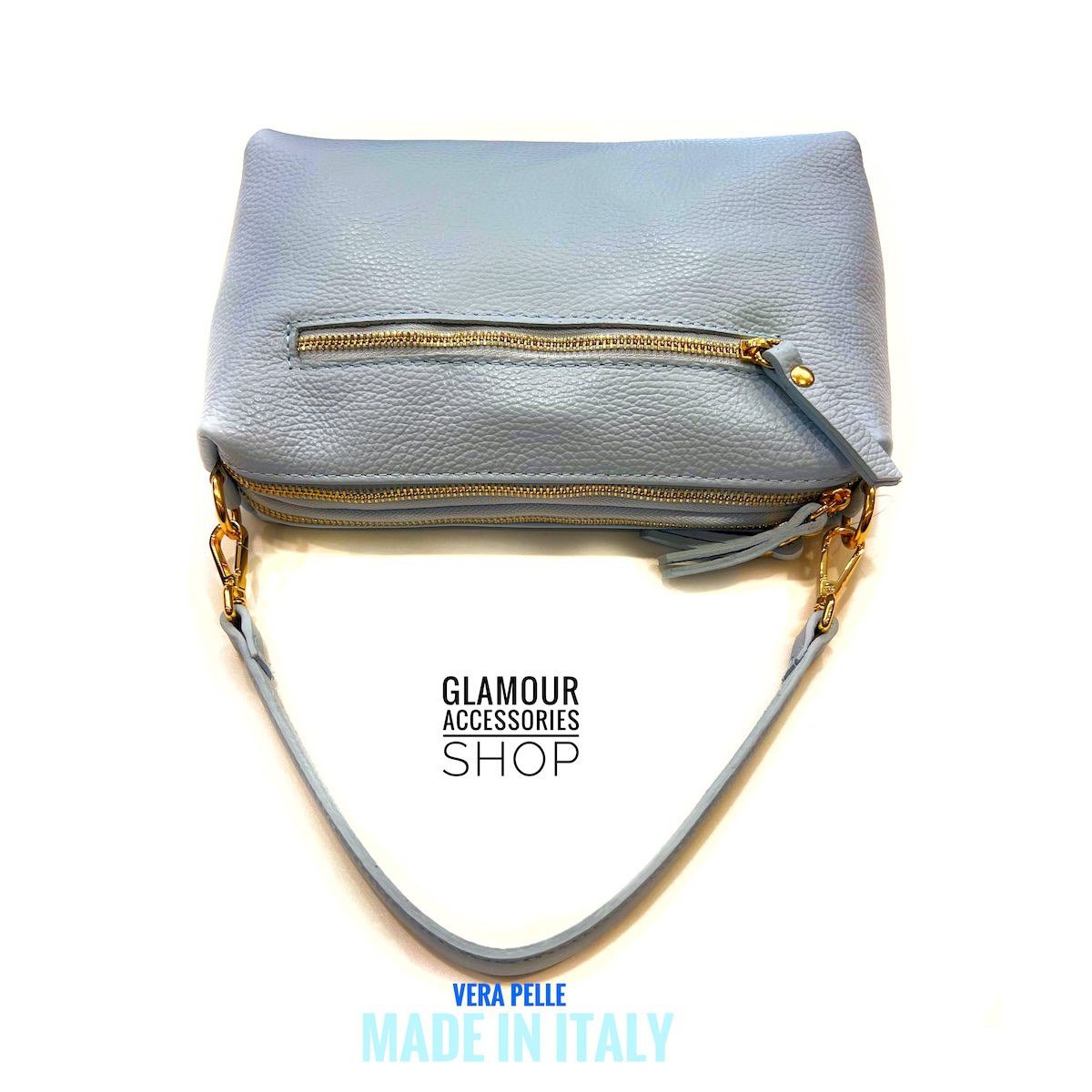 Borsa baguette da donna Nives in vera pelle Made in Italy con manico corto e tracolla lunga regolabile, colore carta da zucchero.