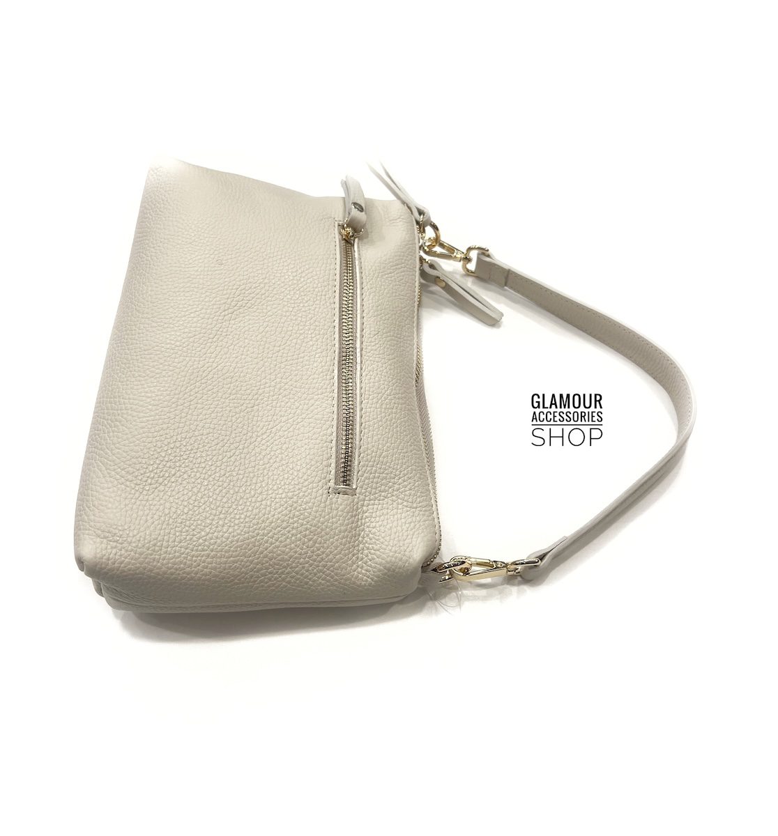 Borsa baguette da donna Nives in vera pelle Made in Italy con manico corto e tracolla lunga regolabile, colore bianco.