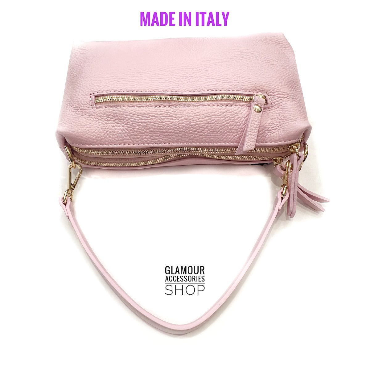 Borsa baguette da donna Nives in vera pelle Made in Italy con manico corto e tracolla lunga regolabile, colore rosa.