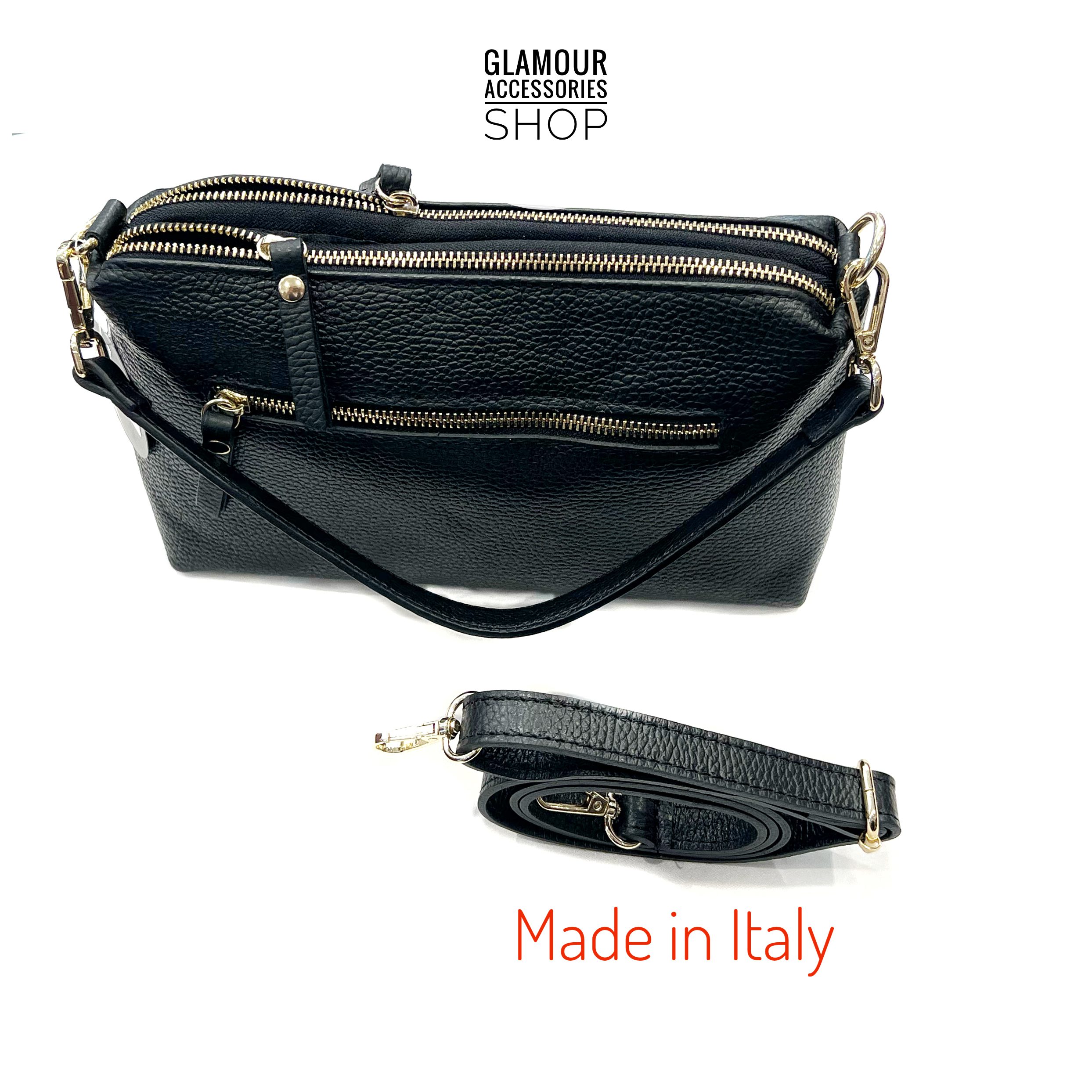 Borsa baguette da donna Nives in vera pelle Made in Italy con manico corto e tracolla lunga regolabile.