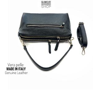 Borsa baguette da donna Nives in vera pelle Made in Italy con manico corto e tracolla lunga regolabile, colore nero.