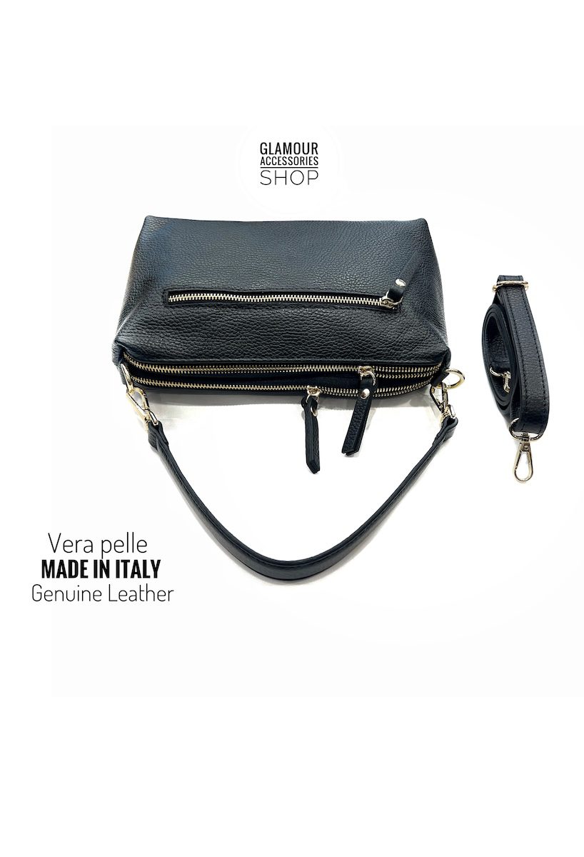 Borsa baguette da donna Nives in vera pelle Made in Italy con manico corto e tracolla lunga regolabile, colore nero.
