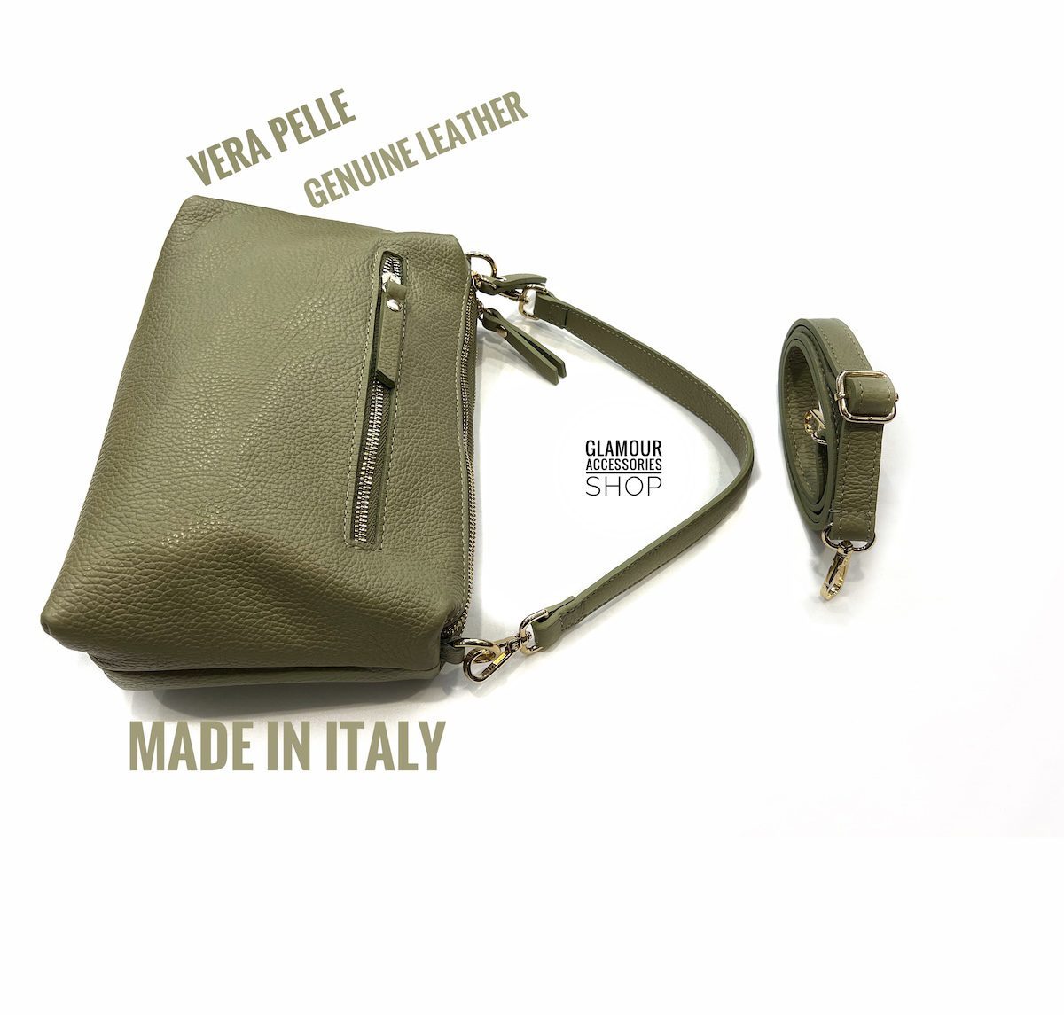 Borsa baguette da donna Nives in vera pelle Made in Italy con manico corto e tracolla lunga regolabile, colore verde bosco.