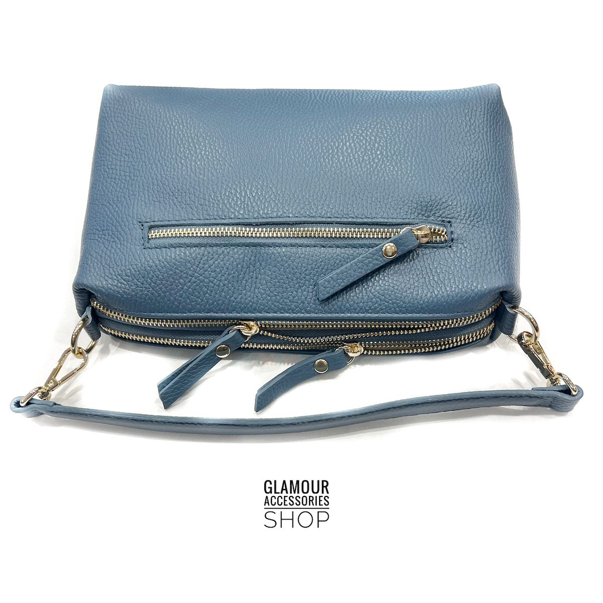 Borsa baguette da donna Nives in vera pelle Made in Italy con manico corto e tracolla lunga regolabile, colore AVIO