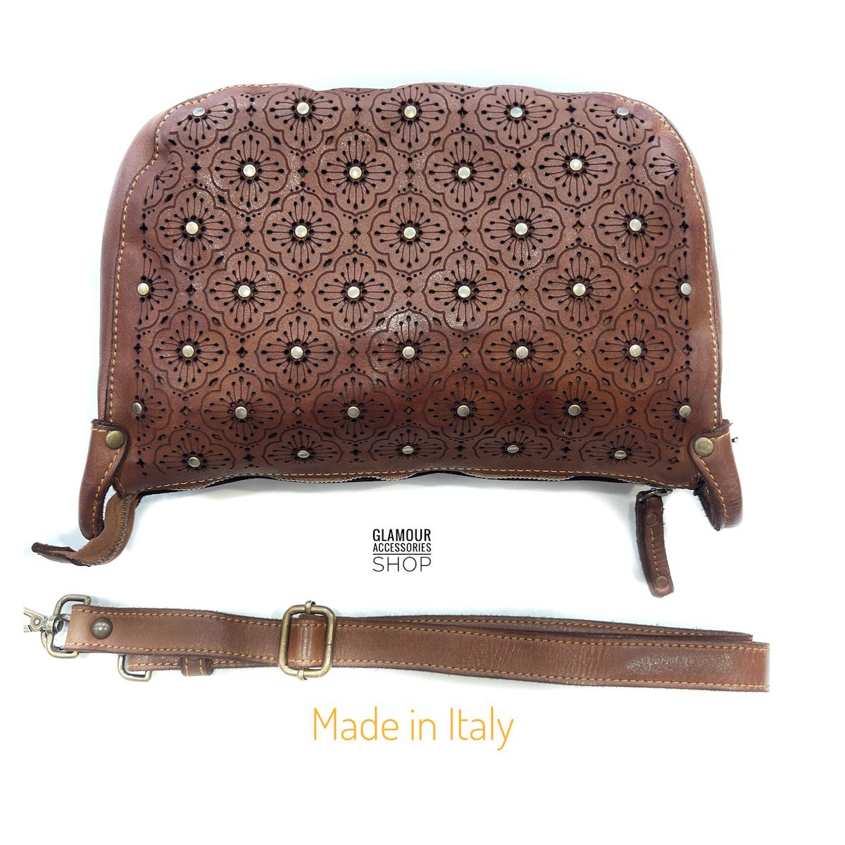 borsa-donna-vera-pelle-laserata-mandala-borchiata-made-in-Italy- marrone scuro