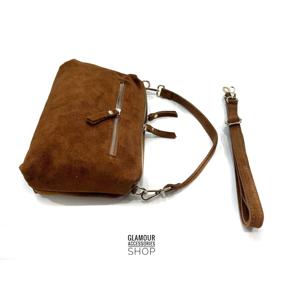 Borsa donna Yoko in pelle scamosciata Made in Italy con manico corto, tracolla lunga regolabile e chiusure zip, glamour accessories shop