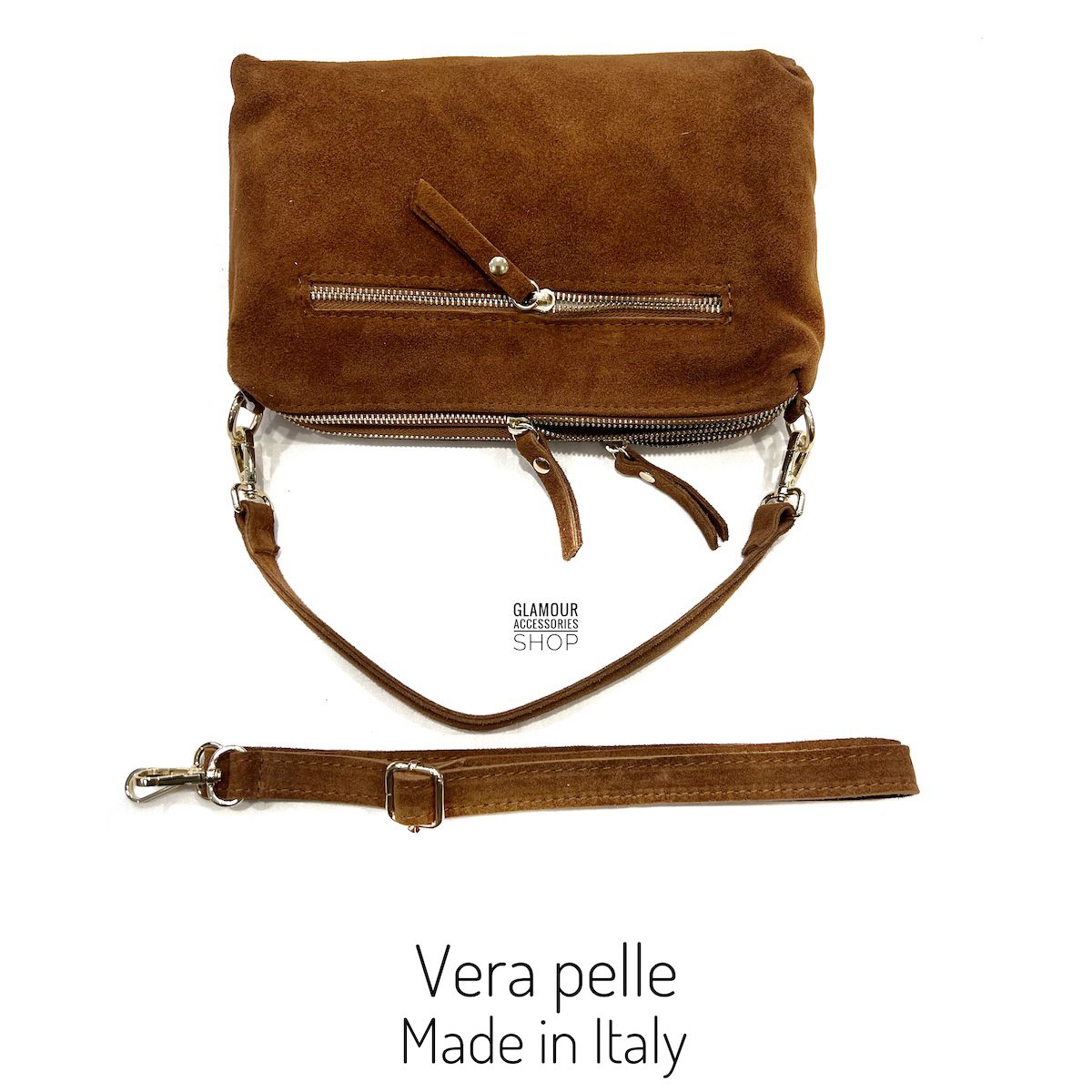 Borsa baguette da donna Yoko in vera pelle scamosciata marrone Made in Italy, con manico corto, tracolla regolabile e chiusure zip.