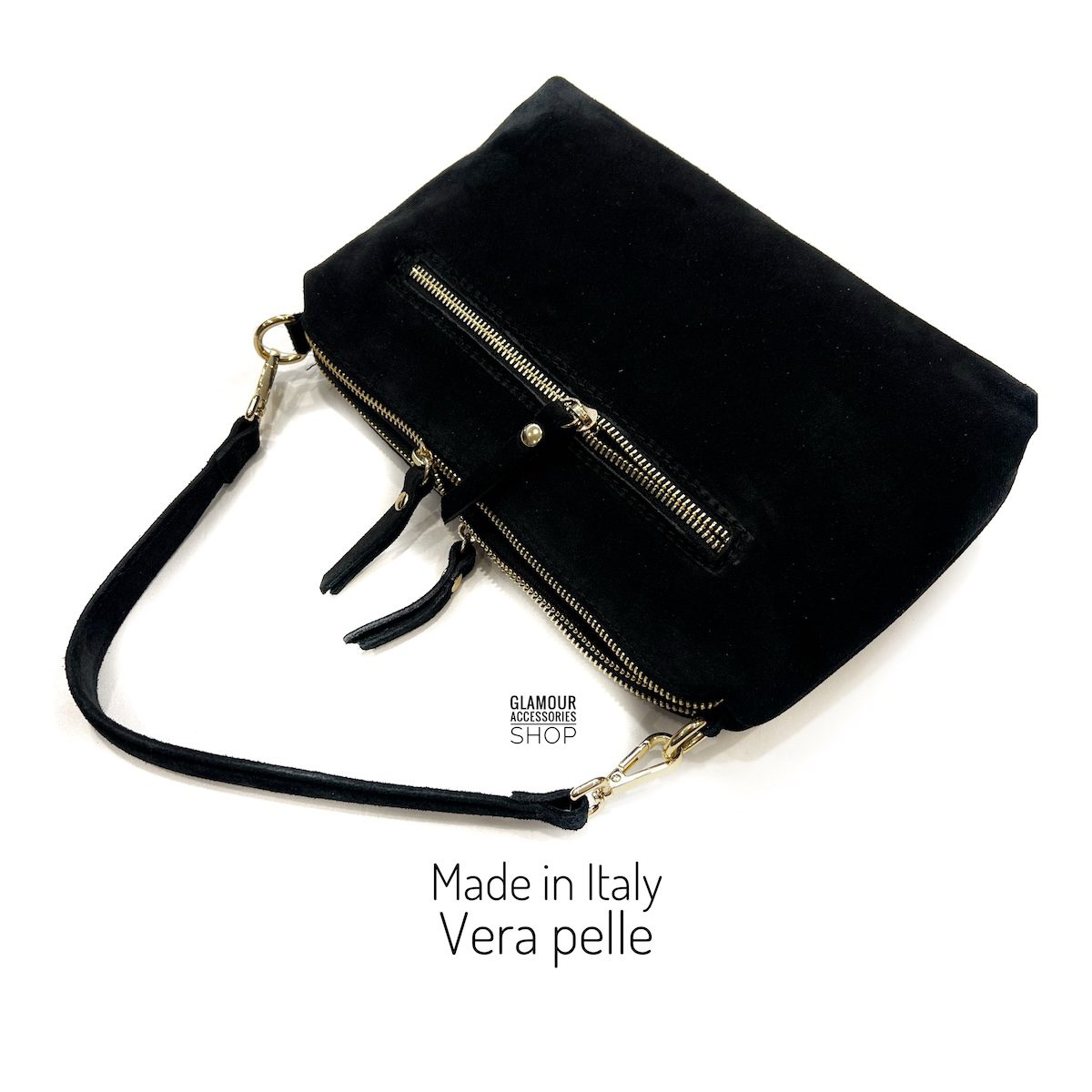 Borsa baguette da donna Yoko in vera pelle scamosciata marrone Made in Italy, con manico corto, tracolla regolabile e chiusure zip.