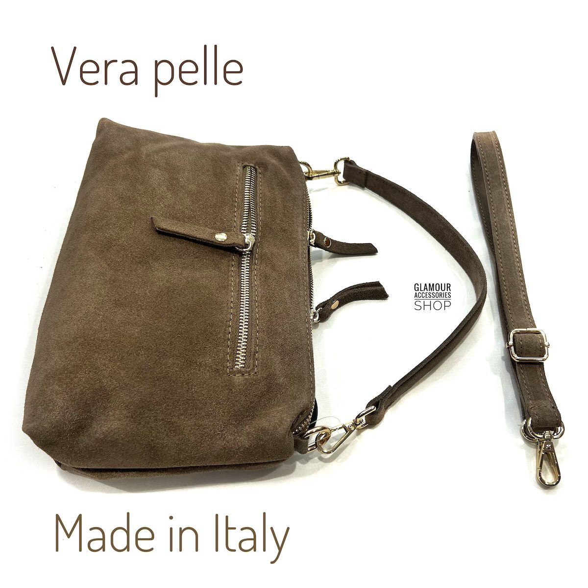 Borsa baguette da donna Yoko in vera pelle scamosciata marrone Made in Italy, con manico corto, tracolla regolabile e chiusure zip.