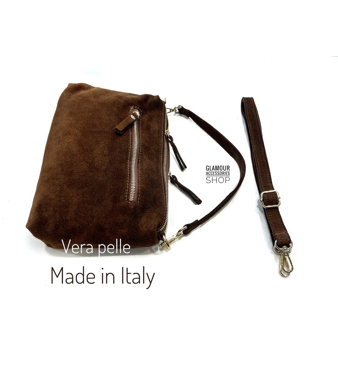 Borsa baguette da donna Yoko in vera pelle scamosciata marrone Made in Italy, con manico corto, tracolla regolabile e chiusure zip.