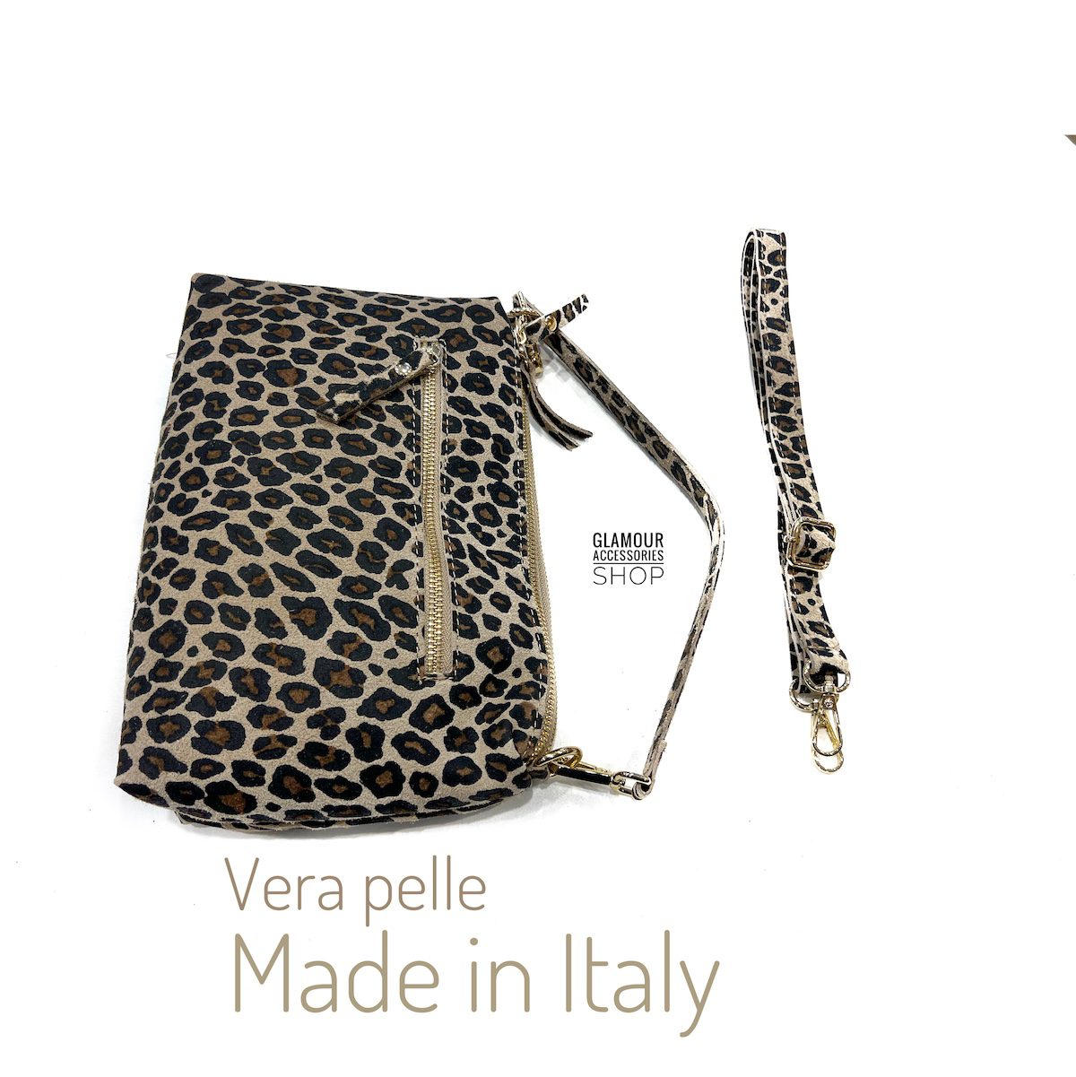Borsa baguette da donna Yoko in vera pelle scamosciata marrone Made in Italy, con manico corto, tracolla regolabile e chiusure zip.