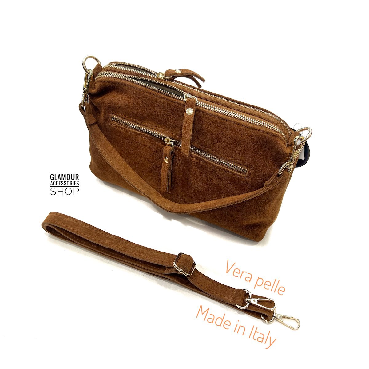 Borsa baguette da donna Yoko in vera pelle scamosciata marrone Made in Italy, con manico corto, tracolla regolabile e chiusure zip.