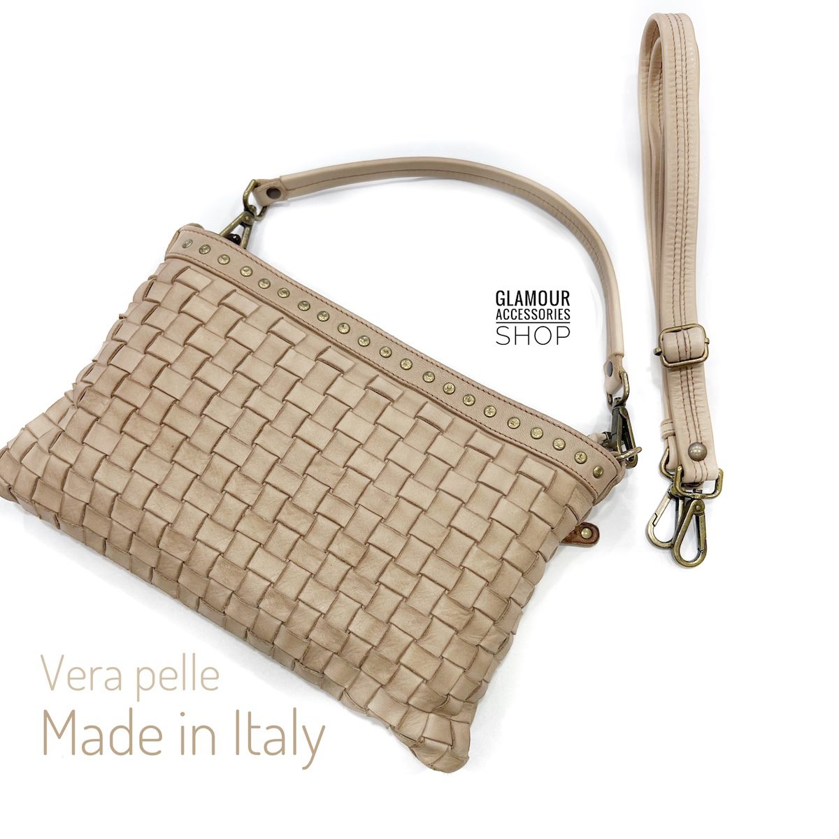 Borsa pochette donna in vera pelle intrecciata e borchiata Made in Italy – Joan - immagine 10