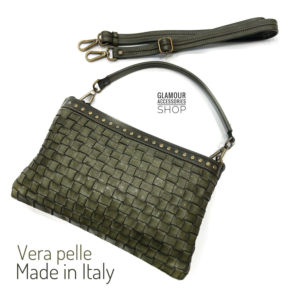 Borsa pochette donna Joan in vera pelle con intreccio largo, borchiatura, manico corto e tracolla regolabile Made in Italy.