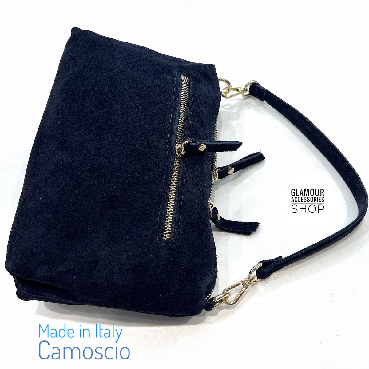Borsa donna in pelle scamosciata con doppia tracolla e zip Made in Italy – Yoko 2 - immagine 12